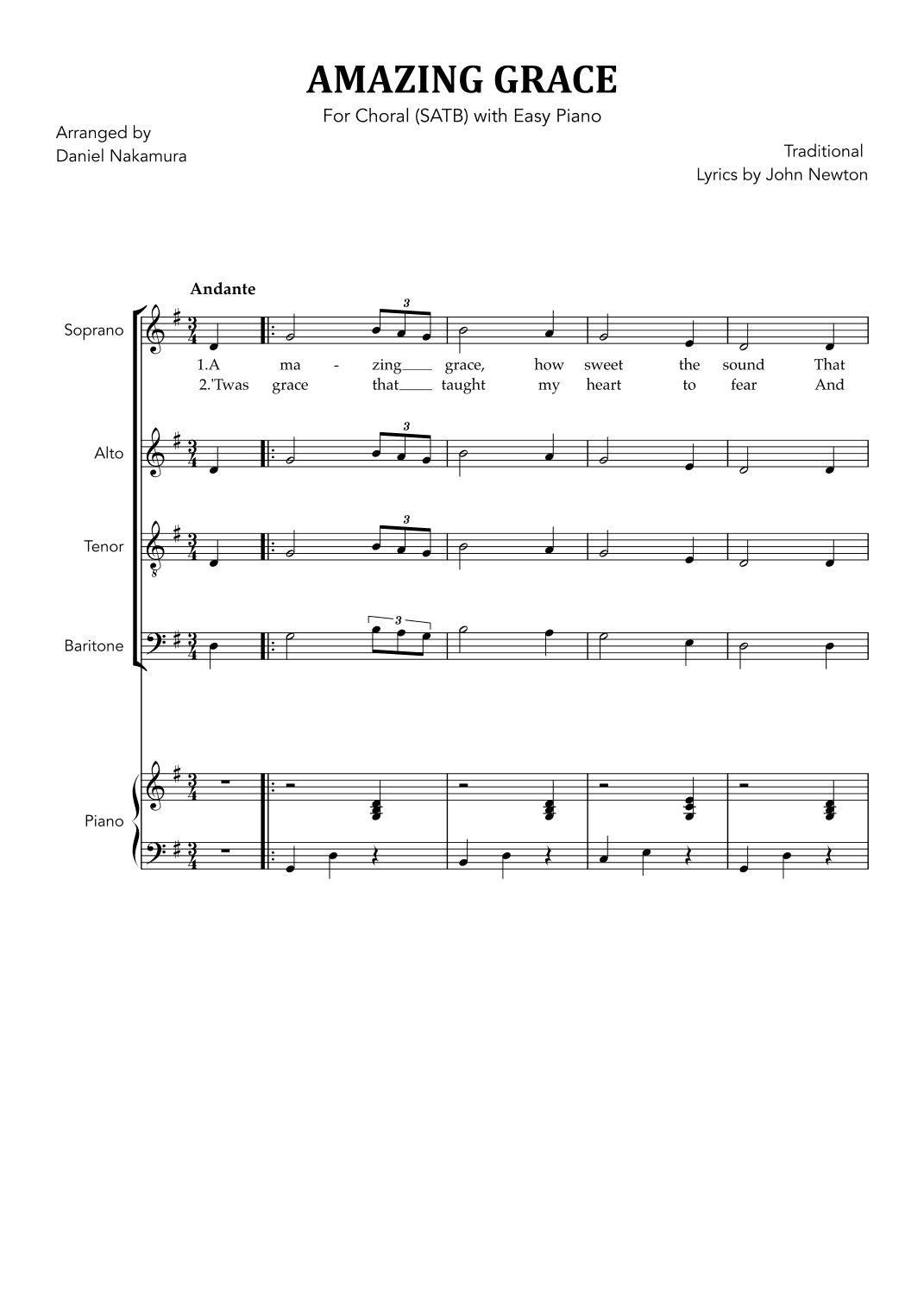 Amazing Grace (for Choral SATB with Easy Piano) (arr. Daniel Nakamura)