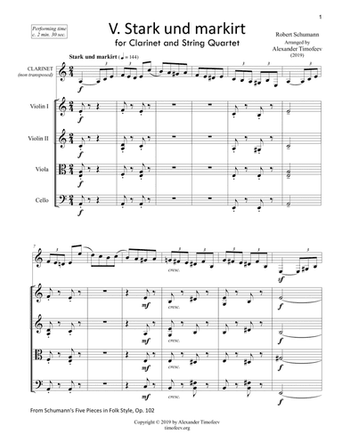 Stark und Markirt, for Clarinet and String Quartet, from Five Pieces in Folk Style, Op. 102 (arr. Alexander Timofeev)
