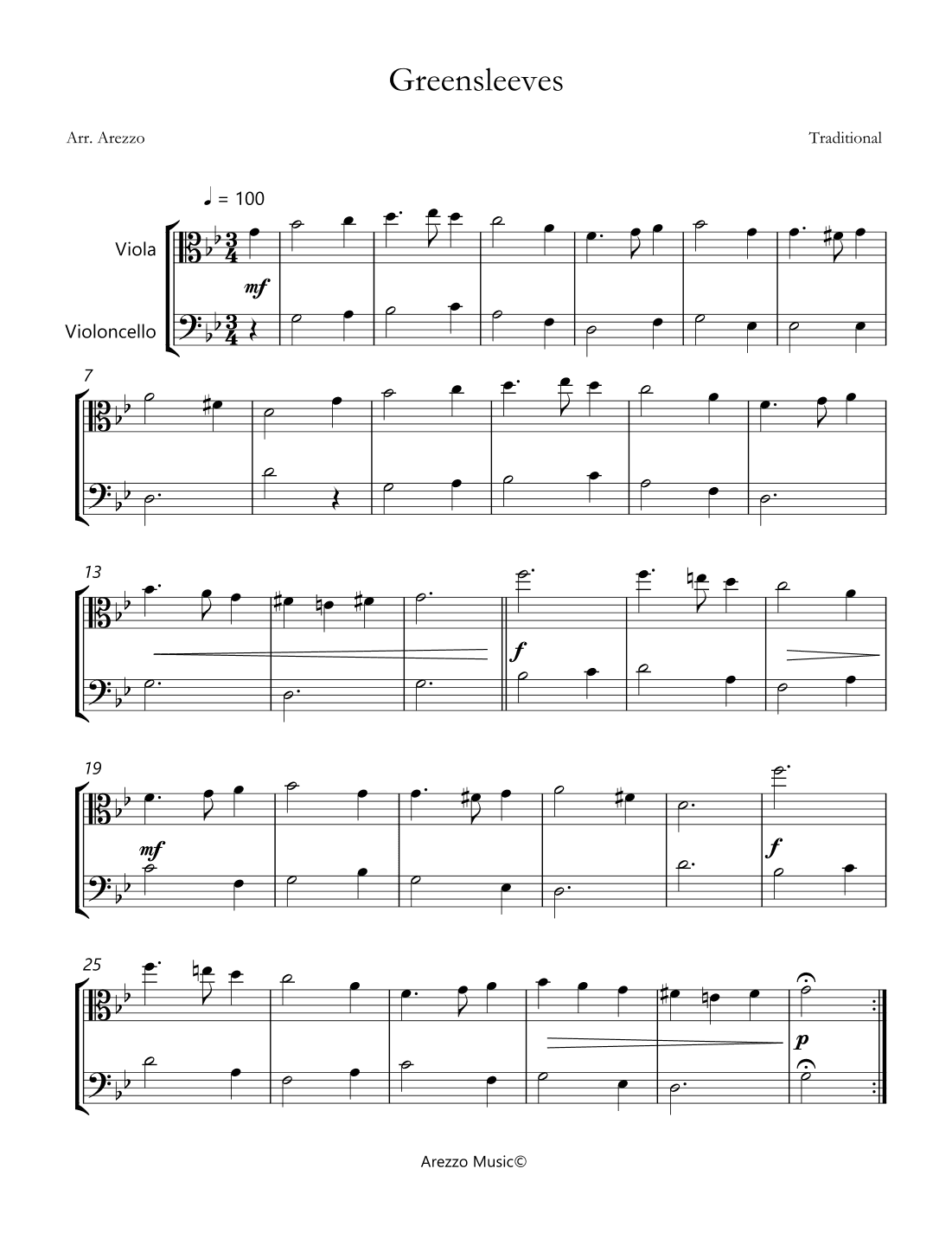 sheet music greensleeves viola and cello arezzo sheer music engraver (arr. Arezzo Music)