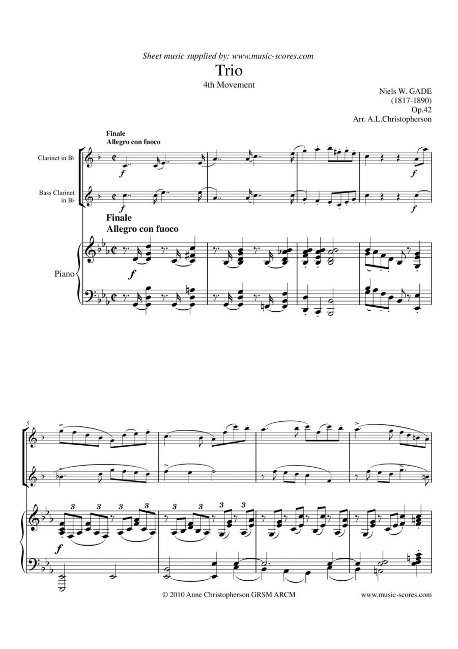 Gade - Allegro con fuoco - 4th Movement from Piano Trio - Bb Clarinet, Bass Clarinet and Piano (arr. Anne L Christopherson GRSM ARCM)