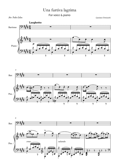 Una Furtiva Lagrima (Baritone in C#m) (arr. Pedro Cohen)