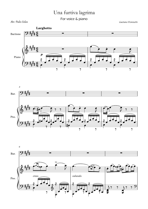 Una Furtiva Lagrima (Baritone in C#m) (arr. Pedro Cohen)