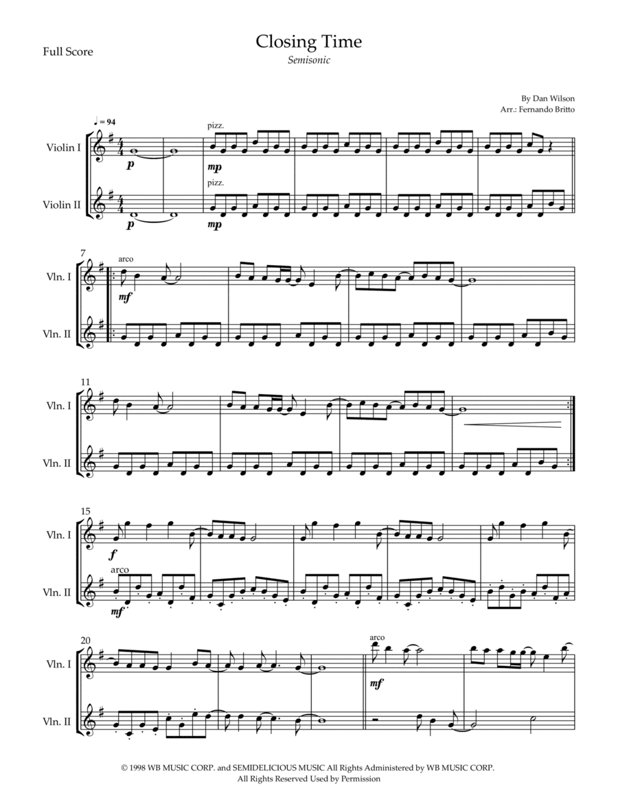 Closing Time (arr. Fernando Britto)