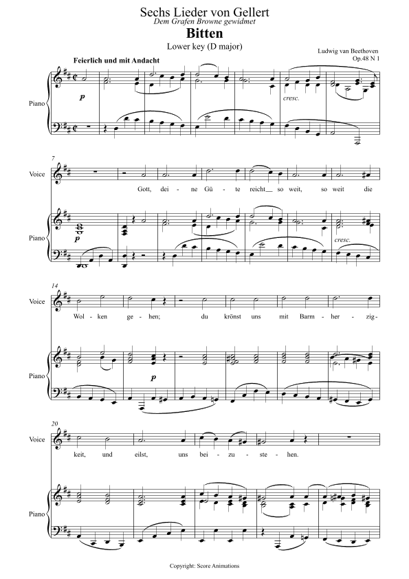 Bitten (Prayer) in D major (Lower key) (arr. Score Animations)