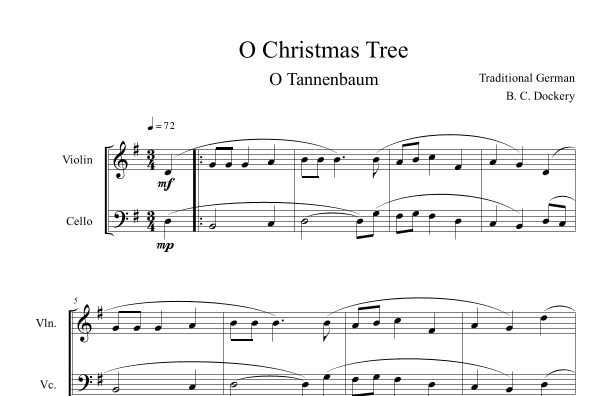 O Christmas Tree (O Tannenbaum) for Violin and Cello Duet (arr. B. C. Dockery)