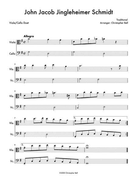 John Jacob Jingleheimer Schmidt (Easy Viola/Cello Duet) (arr. Christopher Bell)