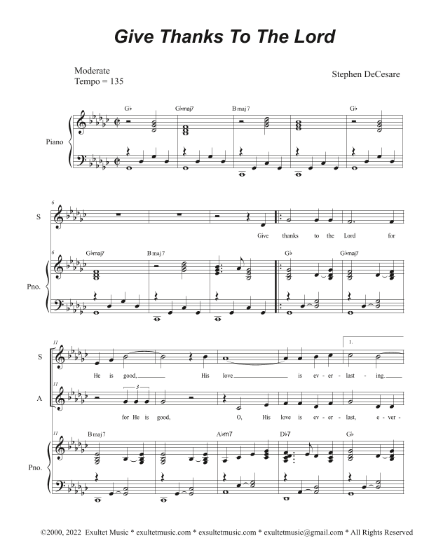 Give Thanks To The Lord (Duet for Soprano and Alto solo)
