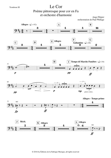 Ange Flégier: Le Cor for solo horn and concert band, trombone 3 (bass trombone) part (arr. Paul Wehage)
