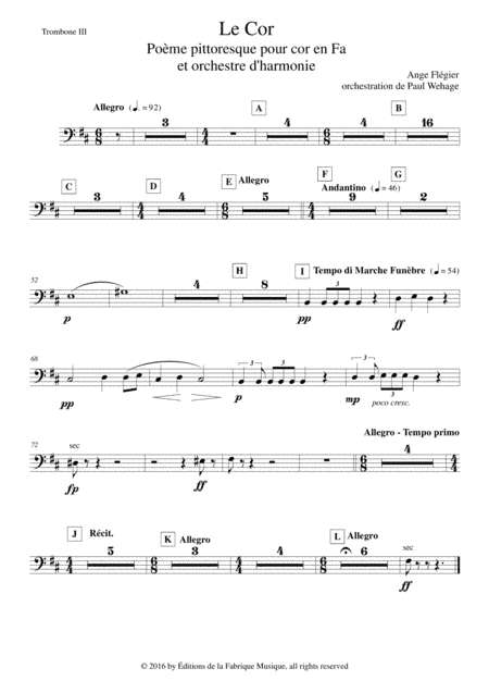 Ange Flégier: Le Cor for solo horn and concert band, trombone 3 (bass trombone) part (arr. Paul Wehage)
