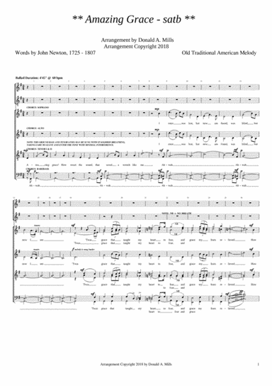 Amazing Grace SATB (arr. Donald A. Mills, 2018)