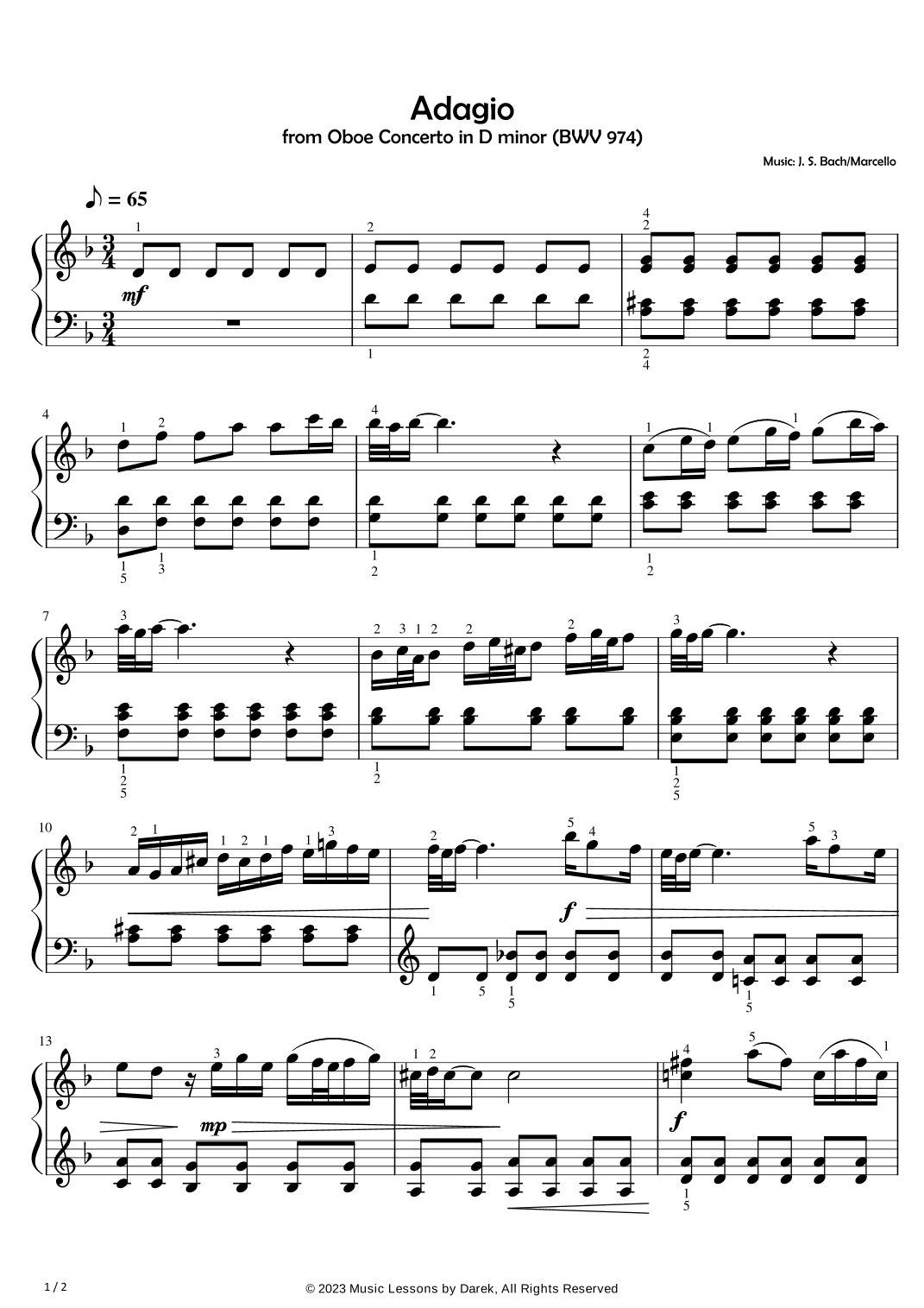 Adagio (BWV 565) (EASY PIANO) from Oboe Concerto in D minor (BWV 974) [J. S. Bach/Marcello] (arr. Darek)
