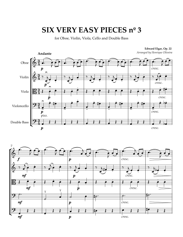 Six Very Easy Pieces nº 3 (Andante) - For Oboe, Violin, Viola, Cello and Double Bass (arr. Henrique Oliveira)