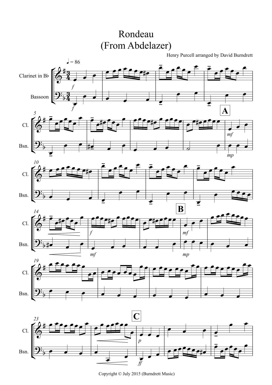 Rondeau (from Abdelazer) for Clarinet and Bassoon (arr. David Burndrett)