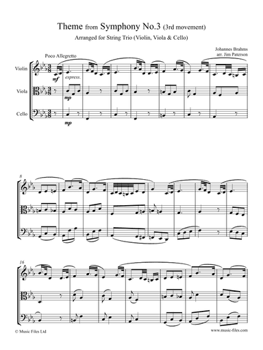 Brahms' 3rd Symphony, Theme from 3rd movement - arranged for Violin, Viola & Cello (arr. Jim Paterson)