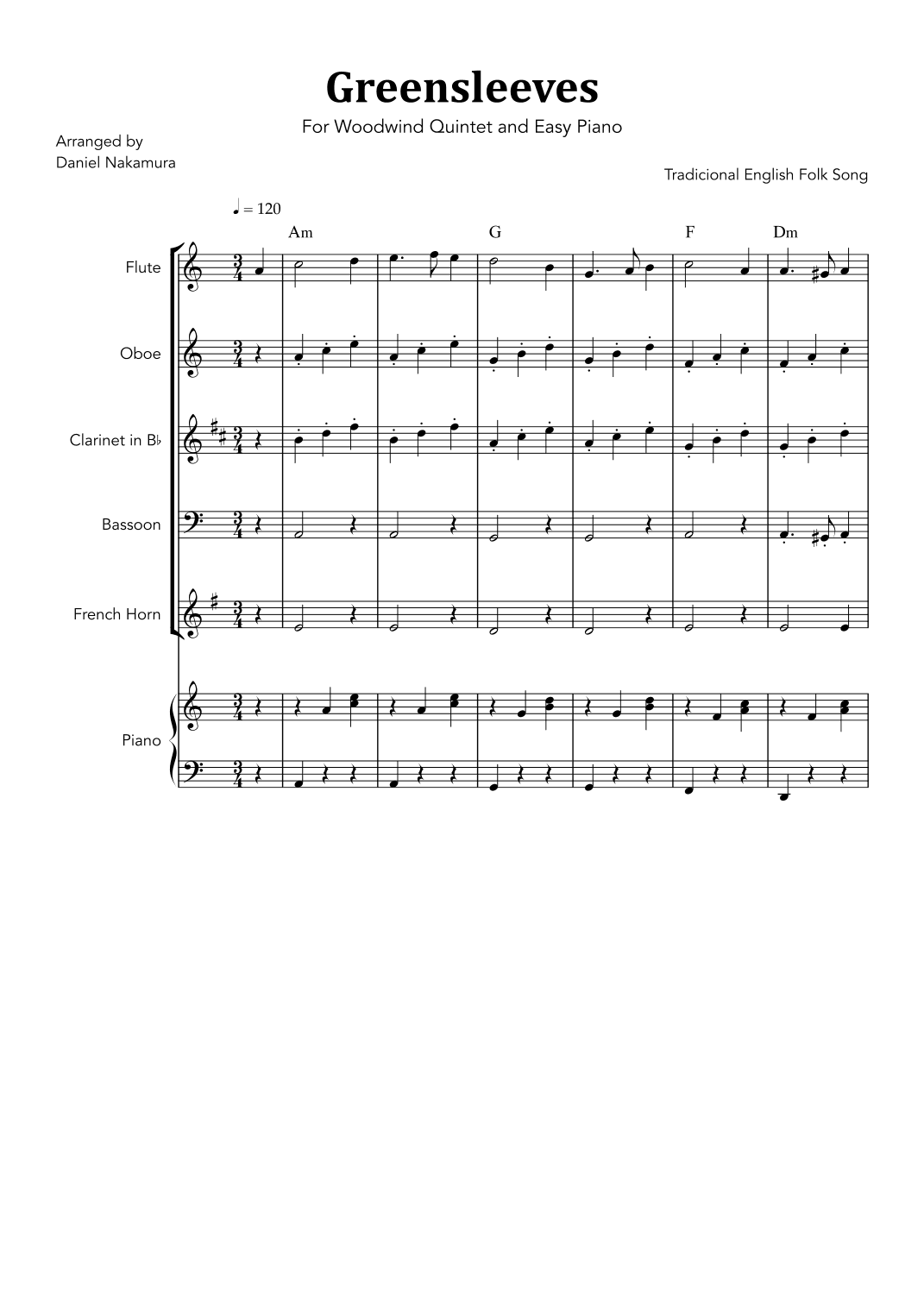 Greensleeves (For Woodwind Quintet with Easy Piano) (arr. Daniel Nakamura)