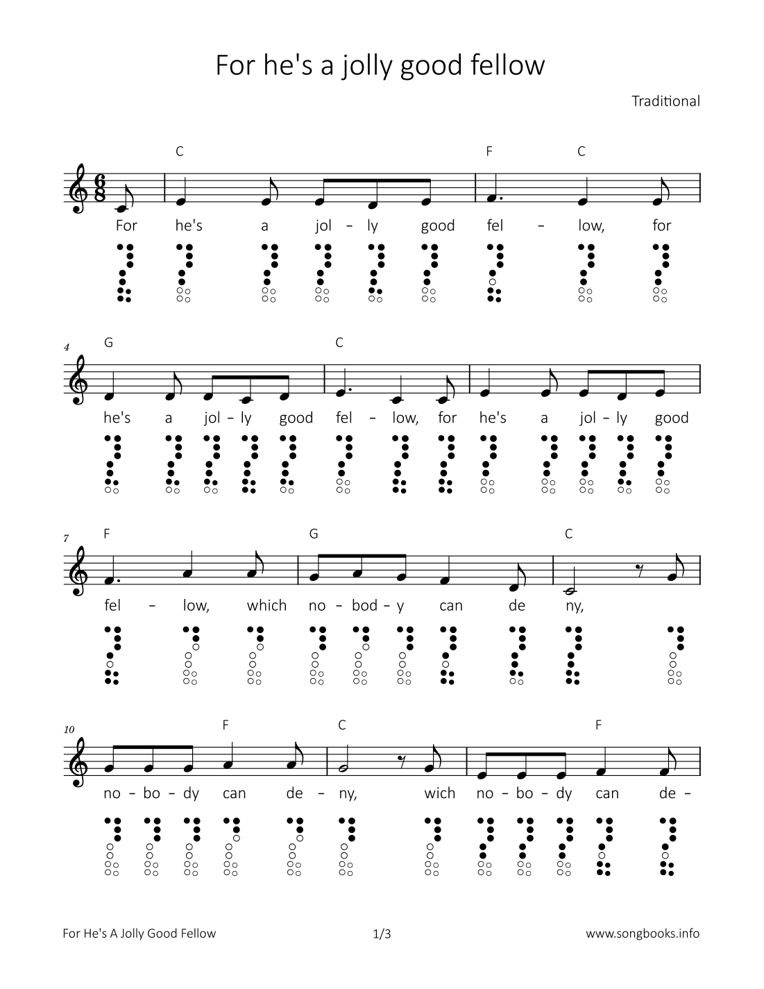 For he‘s a jolly good fellow (arr. songbooks.info)