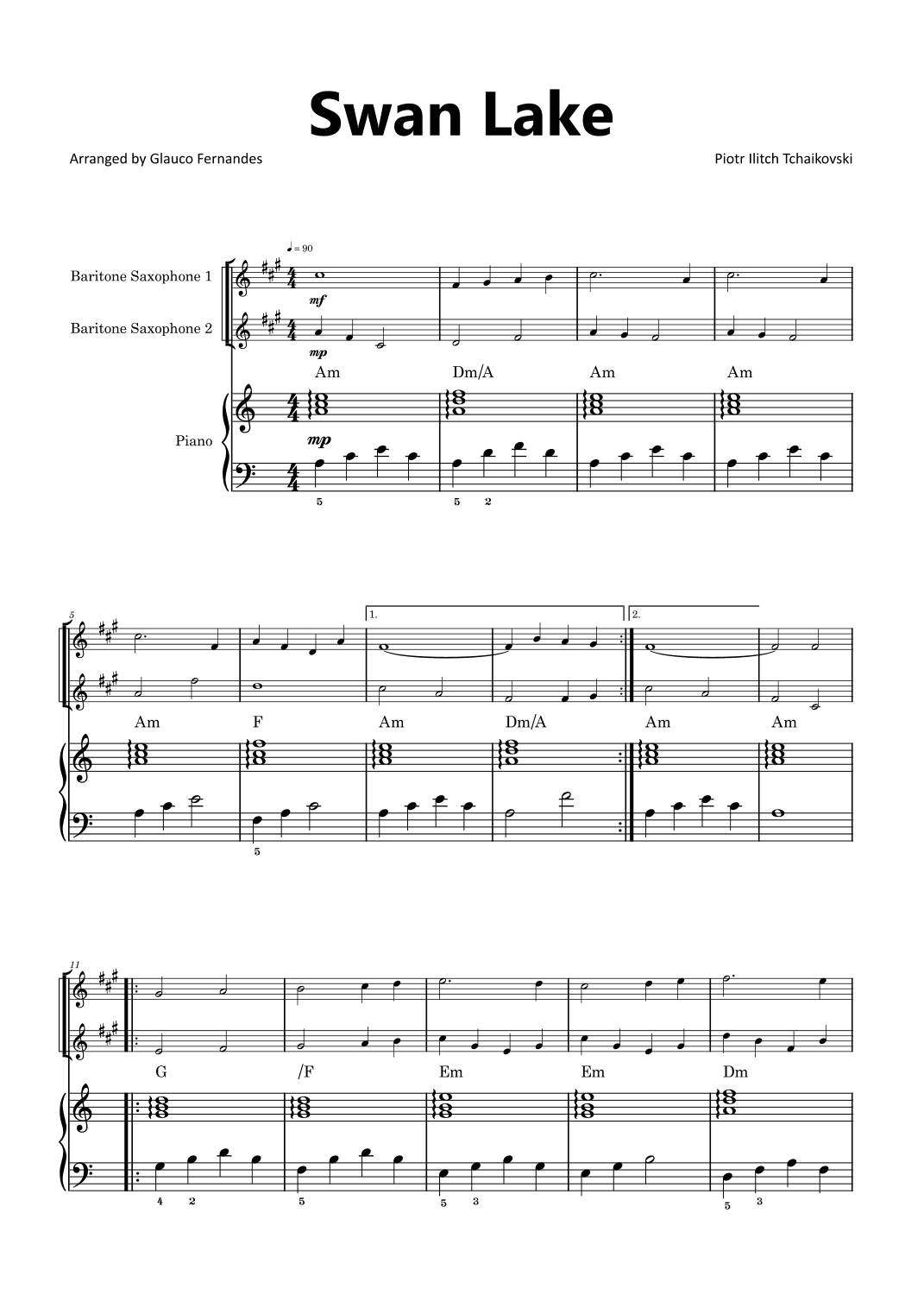 Swan Lake - Baritone Saxophone Duet with Piano and Chord Notations (arr. Glauco Fernandes)