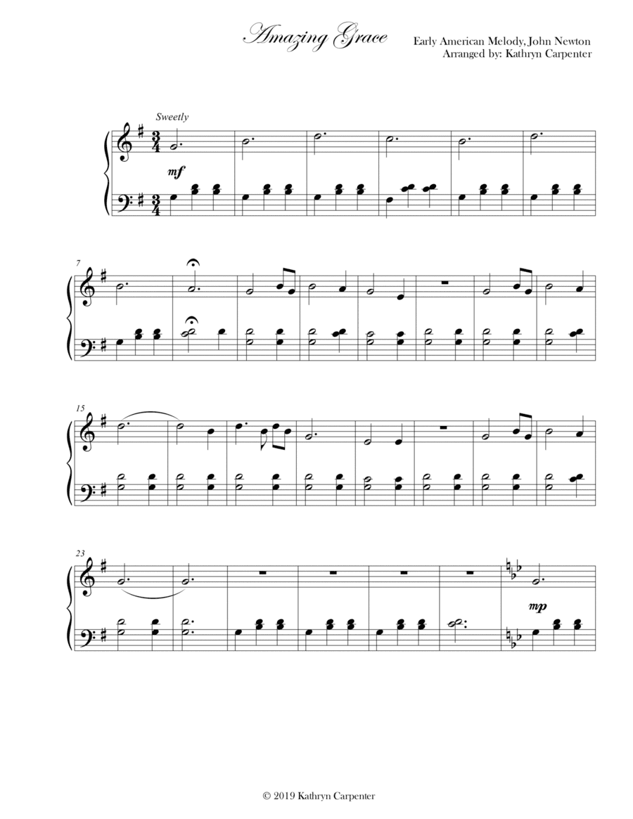 Amazing Grace (Intermediate Piano, Level 3) (arr. Kathryn Carpenter)