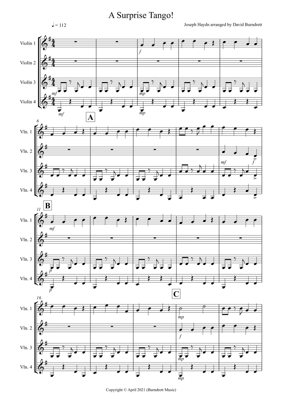 A Surprise Tango! for Beginning and Advanced Violin Quartet