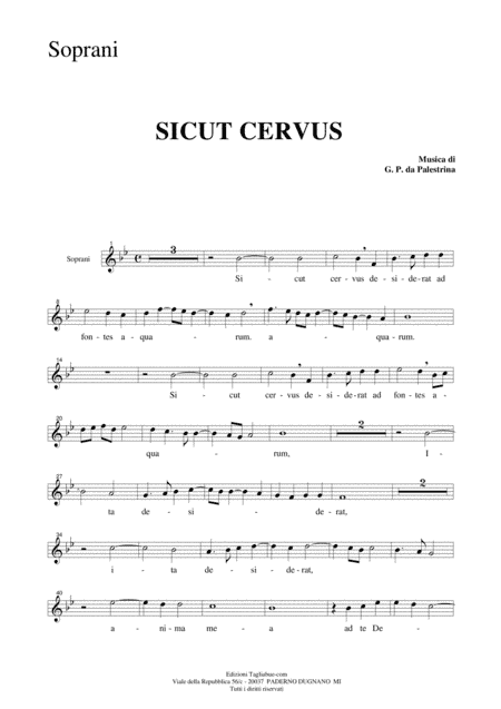 SICUT CERVUS - G.P.L. da Palestrina - Part for SOPRANO (arr. Renato Tagliabue)