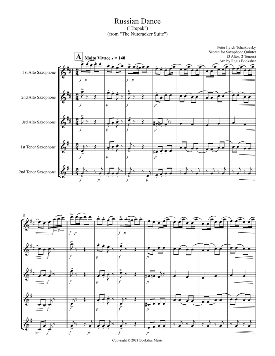 Russian Dance ("Trepak") (from "The Nutcracker Suite") (F) (Saxophone Quintet - 3 Alto, 2 Tenor) (arr. Regis Bookshar)