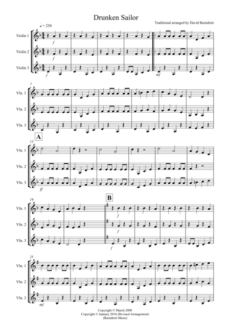 Drunken Sailor for Violin Trio (arr. David Burndrett)