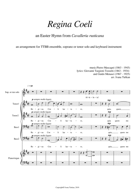 Regina Coeli, G major, TTBB, tenor or sopran solo, piano/organ, full version (arr. Ivana Tuskan)