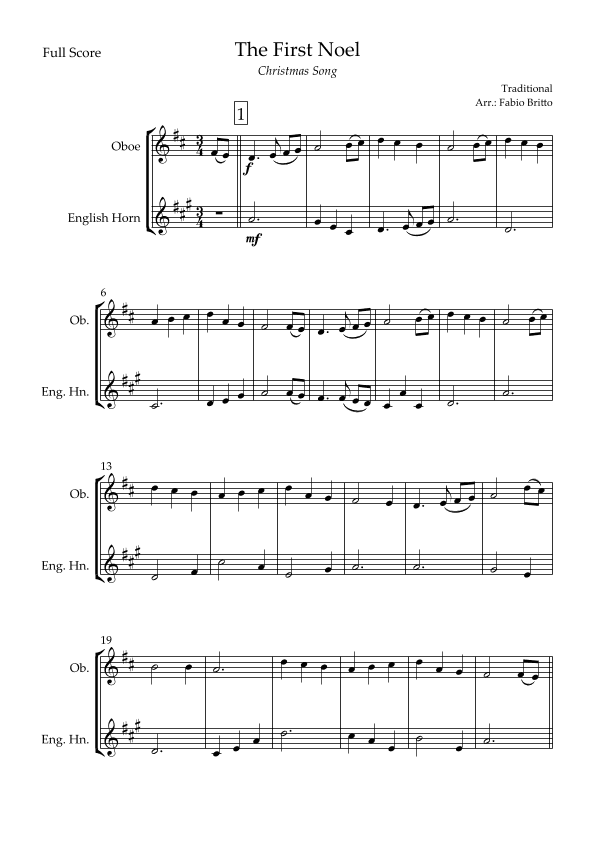 The First Noel (Christmas Song) for Oboe & English Horn Duo (arr. Fabio Britto)