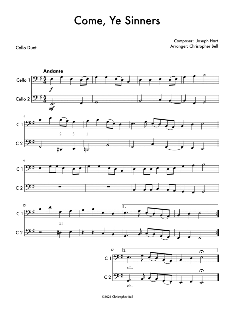 Come, Ye Sinners - Cello Duet (arr. Christopher Bell)