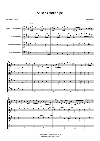 Sailor's Hornpipe - arranged for recorder quartet (arr. Orlan Charles)