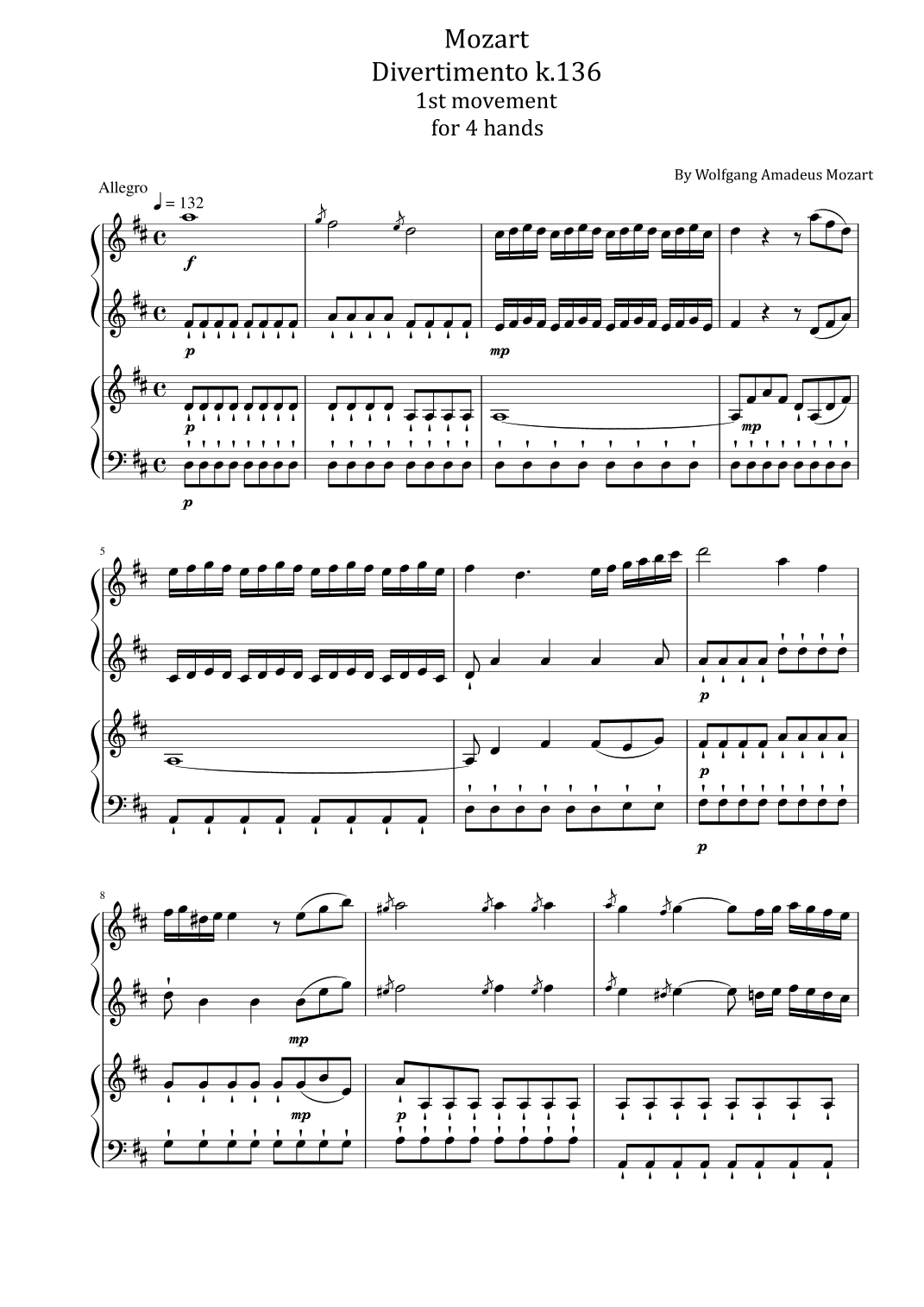 Mozart - Divertimento in D major, K.136/125a - 1st movement for 4 hands (arr. poon)