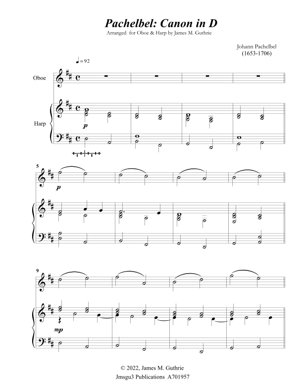Pachelbel: Canon in D for Oboe and Harp (arr. James M. Guthrie)