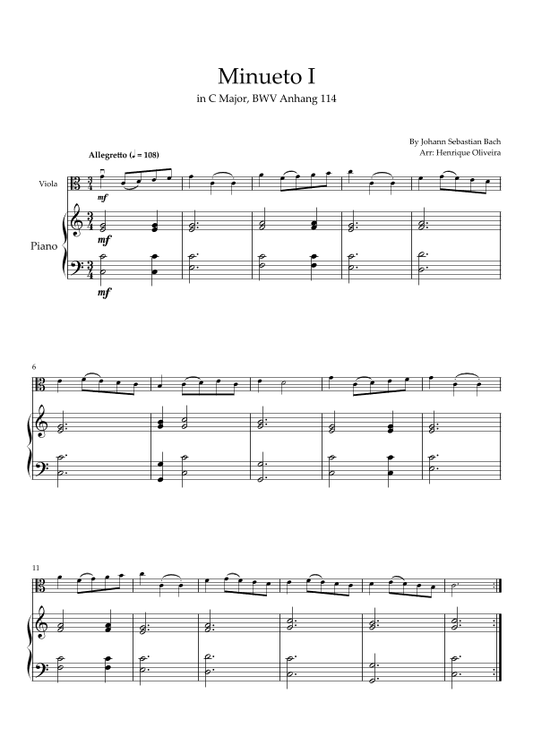Minueto I in C Major, BWV Anhang 114 (Viola and Piano) (arr. Henrique Oliveira)