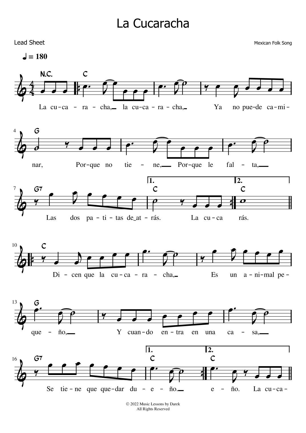 La Cucaracha (LEAD SHEET) [Mexican Folk Song] (arr. Darek)