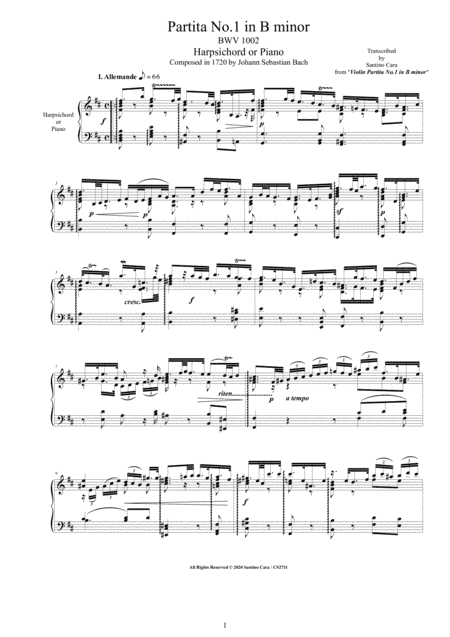 Bach - Partita No.1 in B minor BWV 1002 for Harpsichord or Piano (arr. Santino Cara)