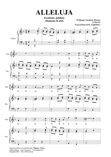 ALLELUJA (Exsultate, jubilate K.165) W.A.Mozart - Arr. for Soprano and. Organ (arr. R. Tagliabue)