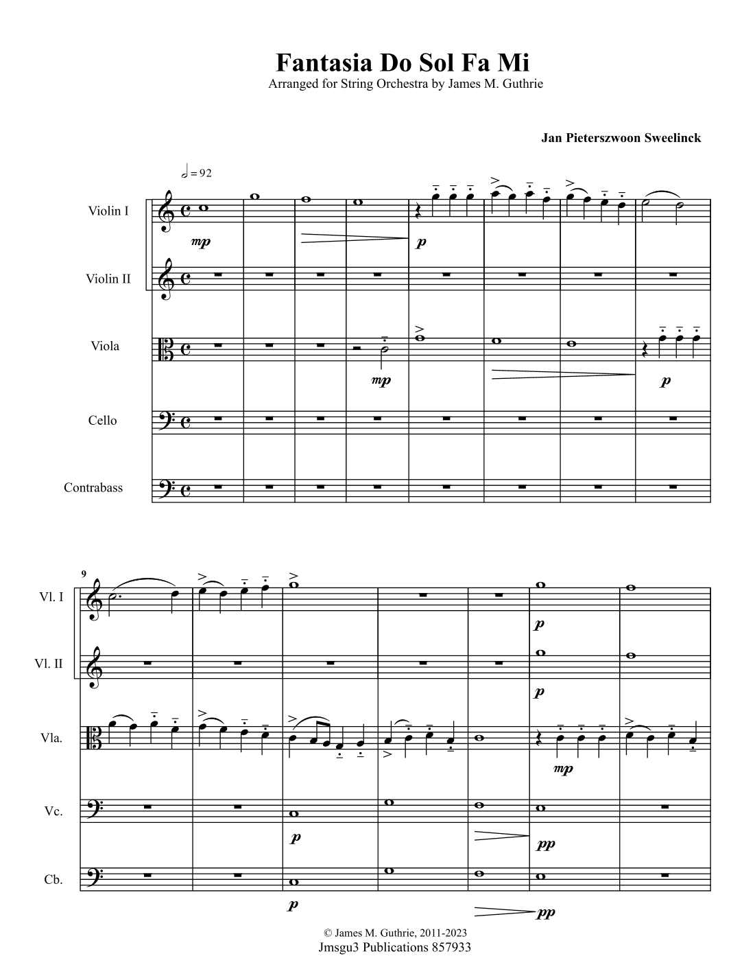 Sweelinck: Fantasia Do Sol Fa Mi for String Orchestra - Score Only (arr. James M. Guthrie)