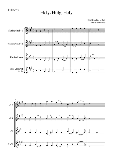 Holy, Holy, Holy (Traditional Christian Song) for Clarinet Quartet (arr. Fabio Britto)