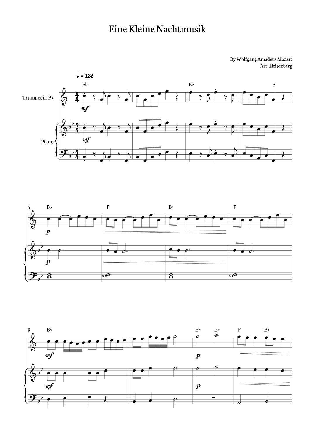 Mozart - Eine Kleine Nachtmusik for Trumpet with piano and chords (arr. Heisenberg)