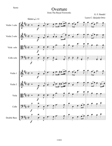 Overture from The Royal Fireworks, for intermediate-level string orchestra. Score & parts. (arr. Laura C. Quijada Ortíz)