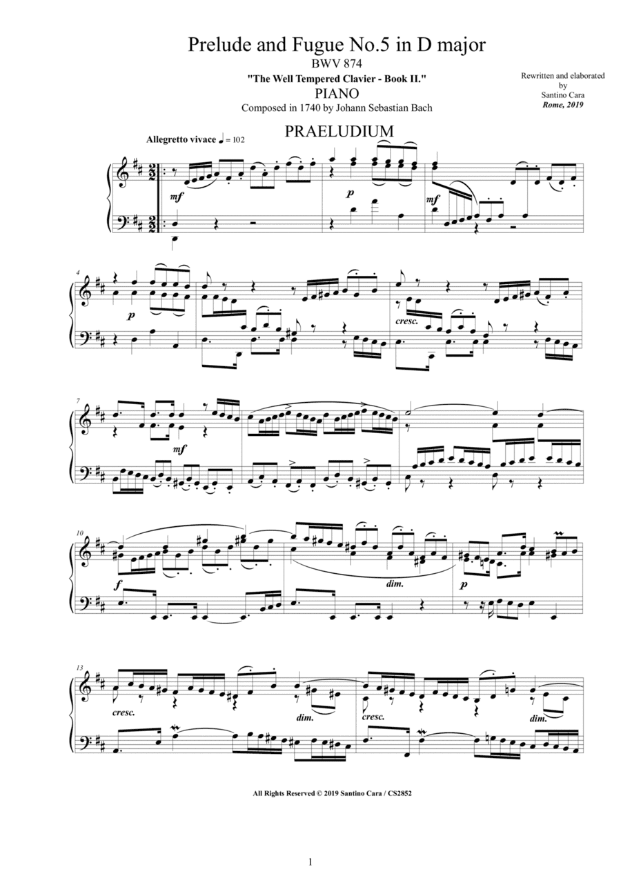 Bach - Prelude and Fugue No.5 in D major BWV 874 for Piano (arr. Santino Cara)