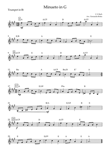 Minueto in G (J. S. Bach) for Trumpet in Bb Solo with Chords (arr. Fernando Britto)