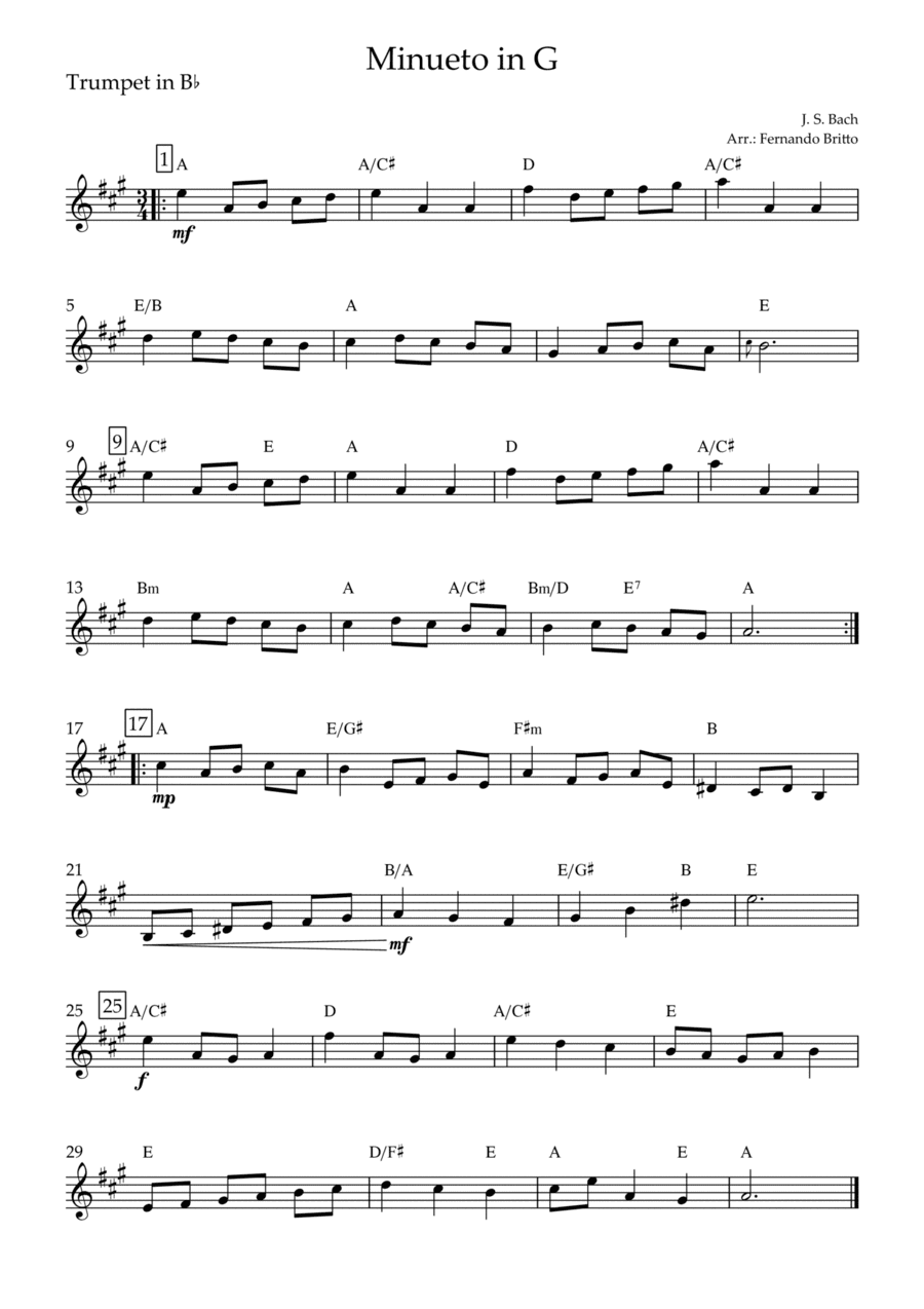 Minueto in G (J. S. Bach) for Trumpet in Bb Solo with Chords (arr. Fernando Britto)