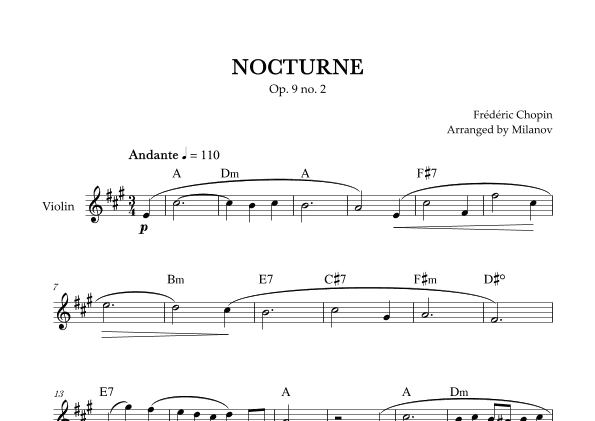 Chopin Nocturne op. 9 no. 2 | Violin | A Major | Chords | Easy beginner (arr. Milanov)