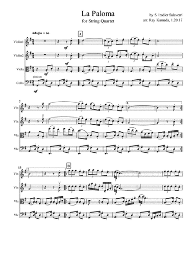 La Paloma, for String Quartet (arr. Ray Kamada)