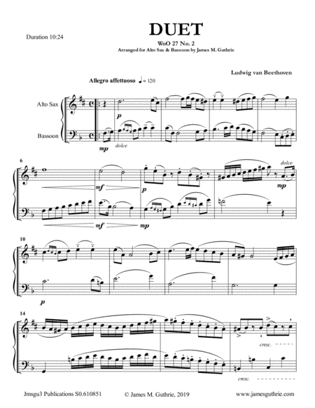 Beethoven: Duet WoO 27 No. 2 for Alto Sax & Bassoon (arr. James M. Guthrie, ASCAP)