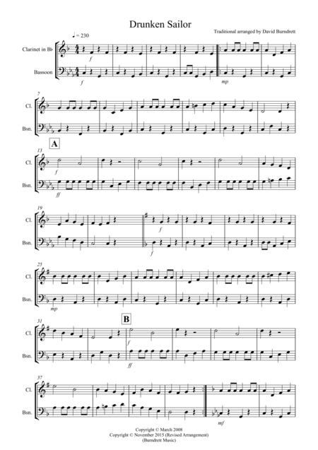 Drunken Sailor for Clarinet and Bassoon (arr. David Burndrett)