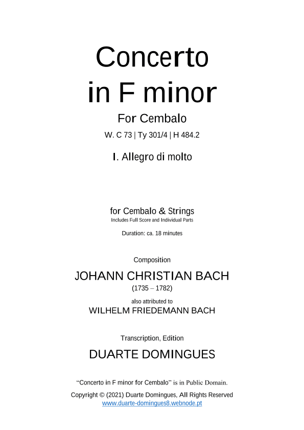 Concerto in F Minor for Harpsichord & Strings - I. Allegro di molto, WC 73 (Full Score & Parts) (arr. Duarte Domingues)