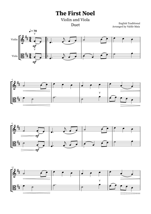 The First Noel - Violin and Viola Duet (arr. Valdir Maia)