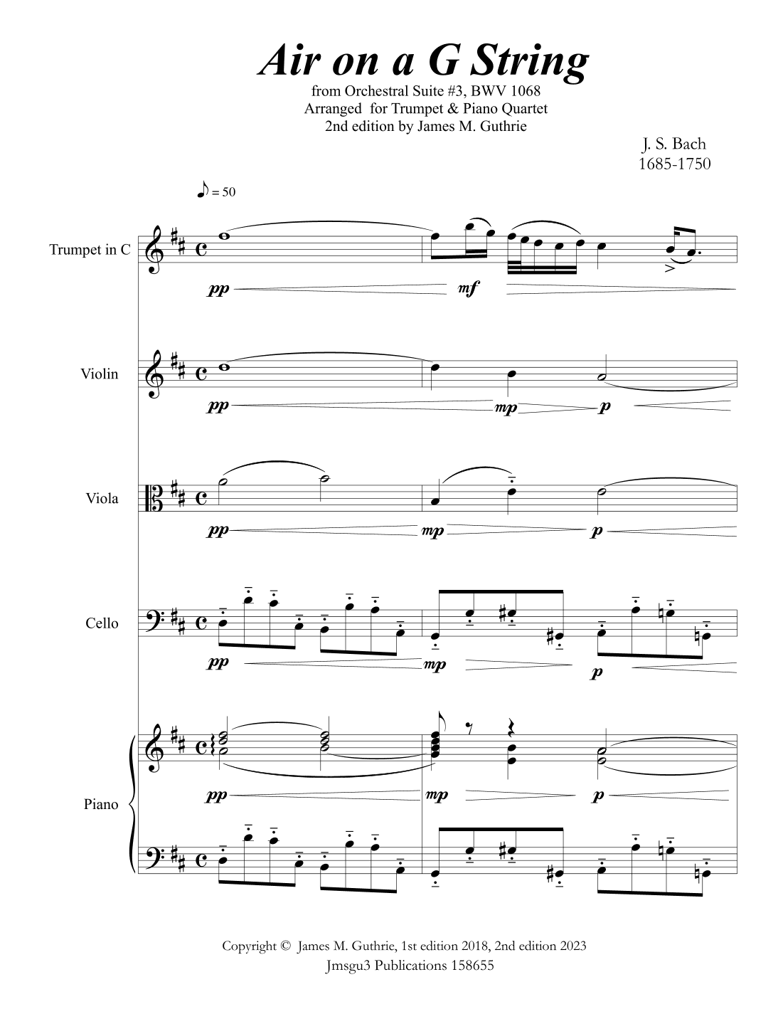 Bach: Air on a G String for Trumpet & Piano Quartet (arr. James M. Guthrie, ASCAP)